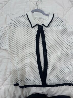 Gap White Open-Knit Short Sleeve Cardigan with Black Trim
